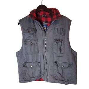 Vtg‎ Gray Hunting Vest Plaid Quilted Lining Size Large Cabincore Pocketed Vest